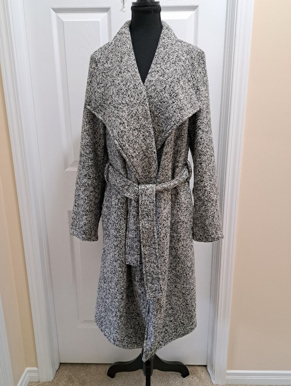 BEBE Marled Knit Draped Waterfall Wrap Coat Cardigan Jacket Grey Black XL Knit